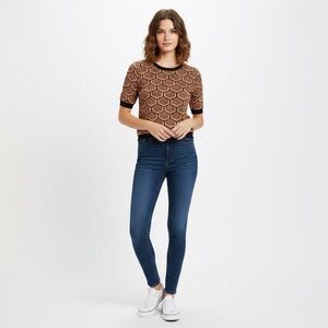 Seven Manor Women’s Short Sleeves Geometric Pattern Orange/Pink/Black Sweater